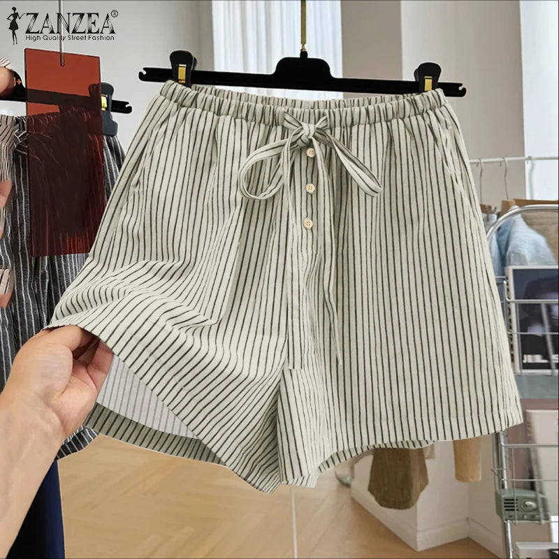 ZANZEA Woman Fashion Striped Shorts 2025 Summer Lightweight Elastic Waist Lace-Up Short Trousers Casual Loose Day Wear Bottoms