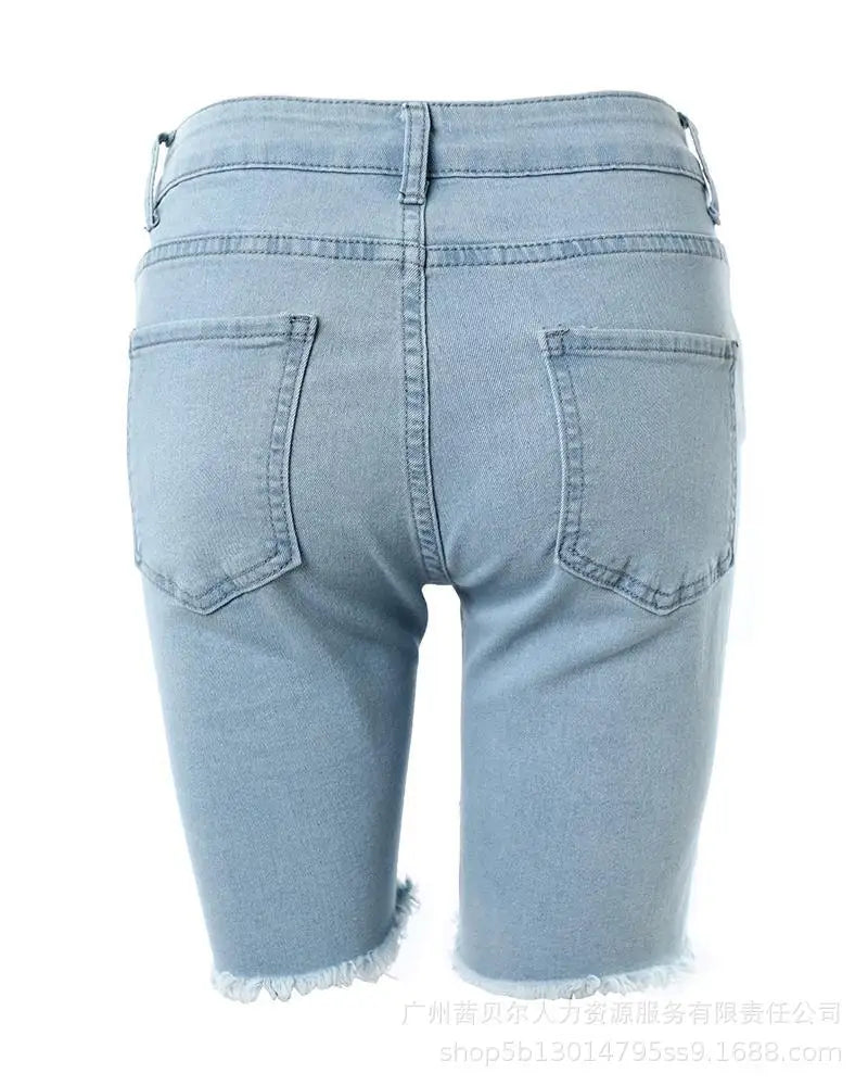 Casual Slim Knee Length Patchwork Denim Shorts for Women