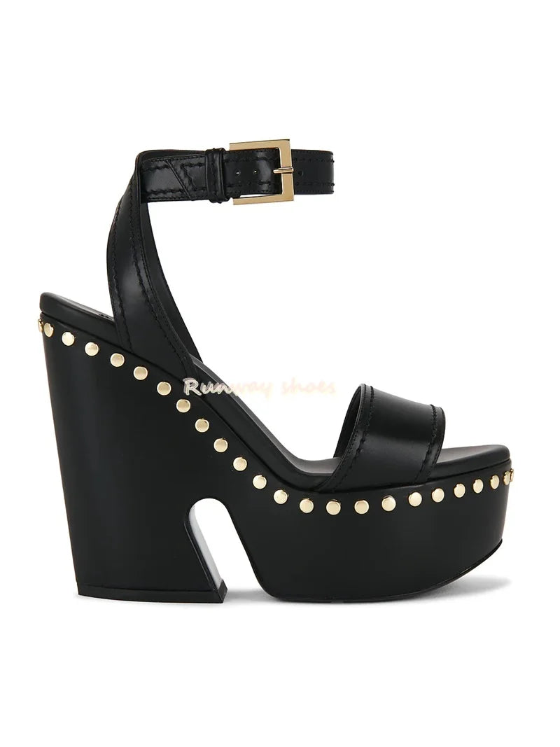 Rivet Open Toe Waterproof Buckle Sandals With Chunky Heel for Women