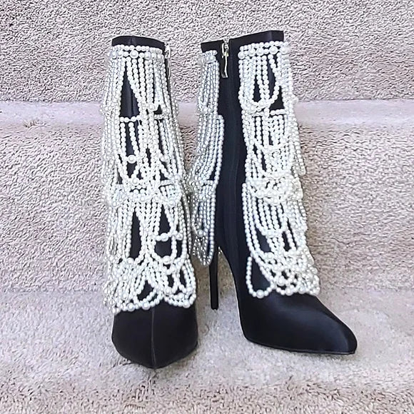 Mid Calf Pointed Toe Zip Satin Pearl Chain Black Boots for Women