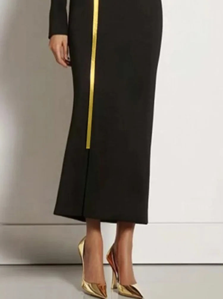 UOOZEE Women's Gold Webbing High Neck Bodycon Black Dress 2025 New Autumn Long Sleeves Slim Fit Elegant Evening Maxi Dresses