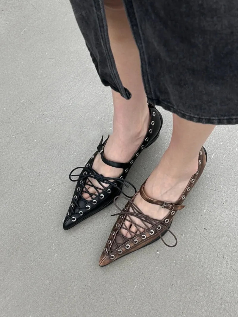 Retro Pointed Toe Lace-Up Rivet Detail Pumps for Women