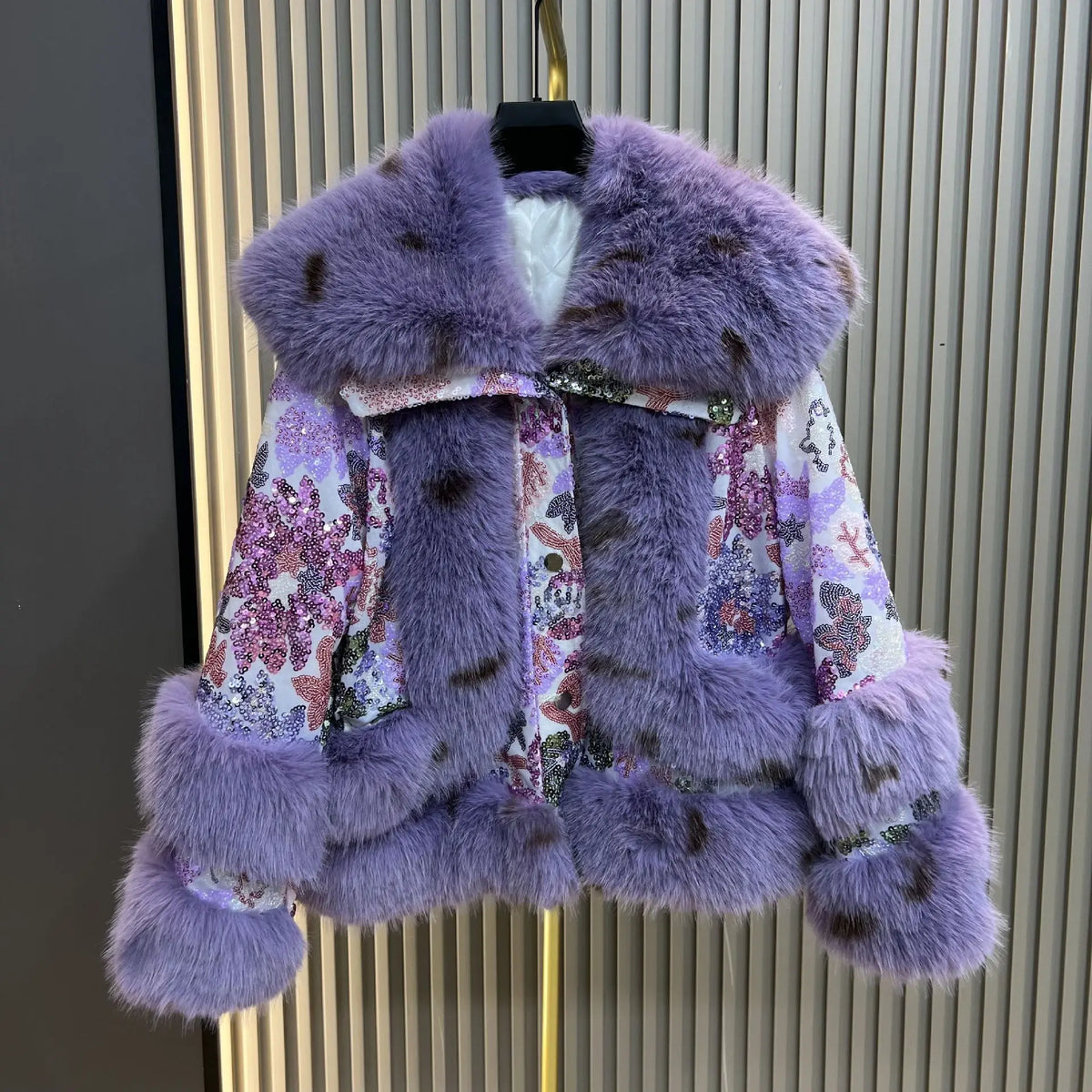 Purple Sequined Faux Fur Coat