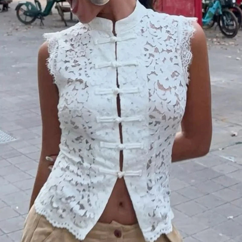 Floral Lace Front Hollow Out Split Mandarin Collar Tank Top for Women