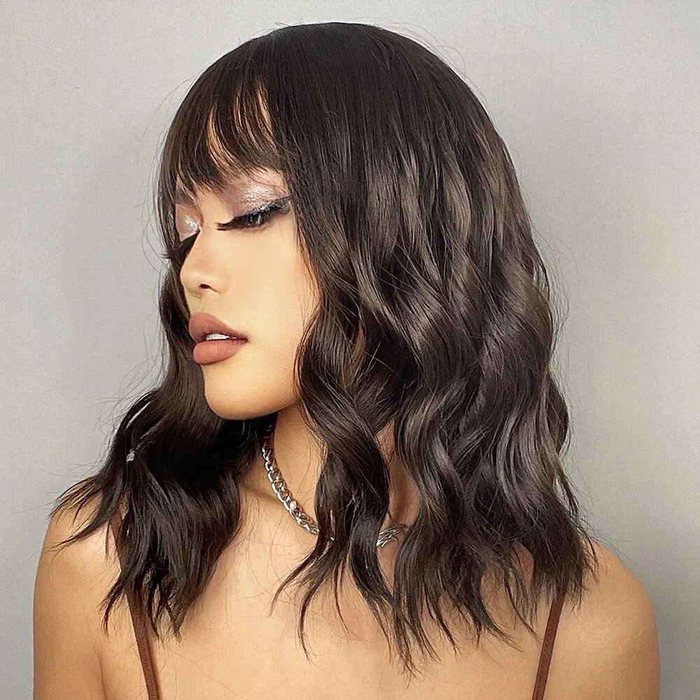 Heat Resistant Short Wavy Bob Wig With Bangs for Women