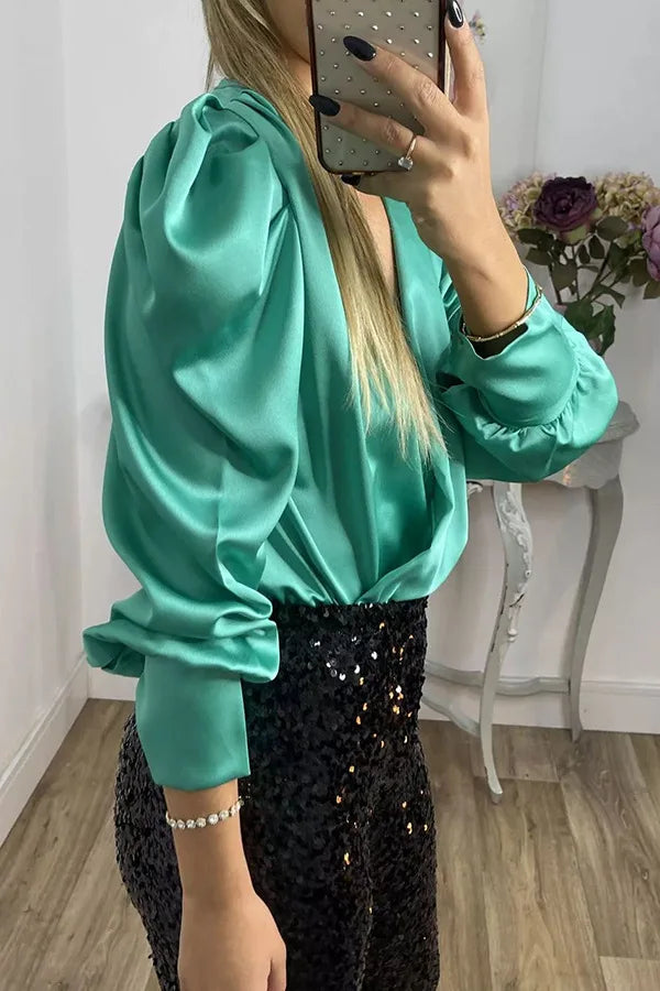 Spring Solid Color Commute Satin Shirt Pullover Fashion V-Neck Puff Long Sleeve Blouses Female Temperament Pleated Ruffled Tops