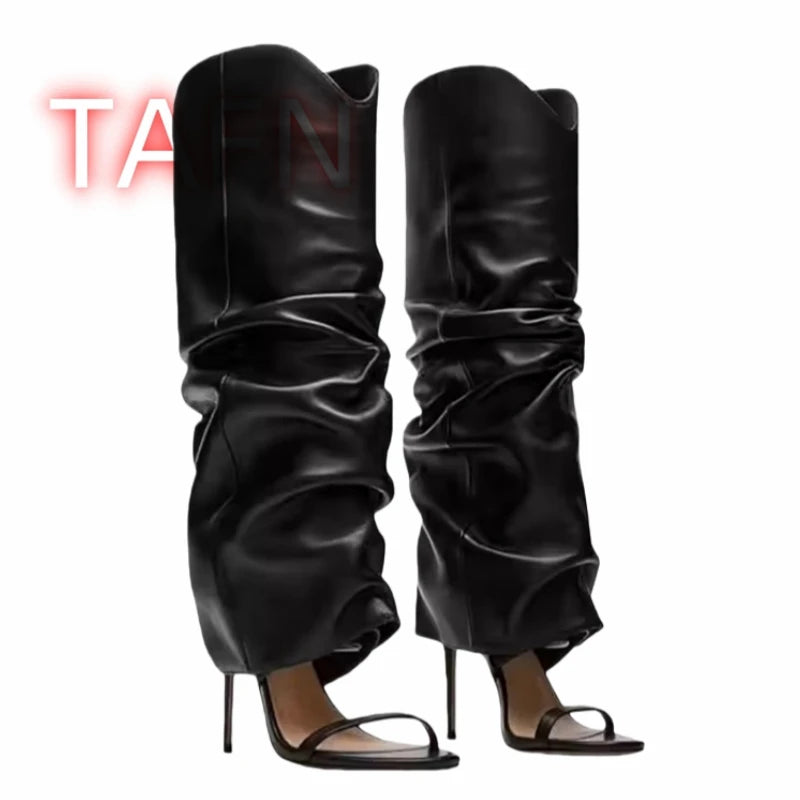 Pleated Knee High Boots Open Toe One Strap High Heel for Women