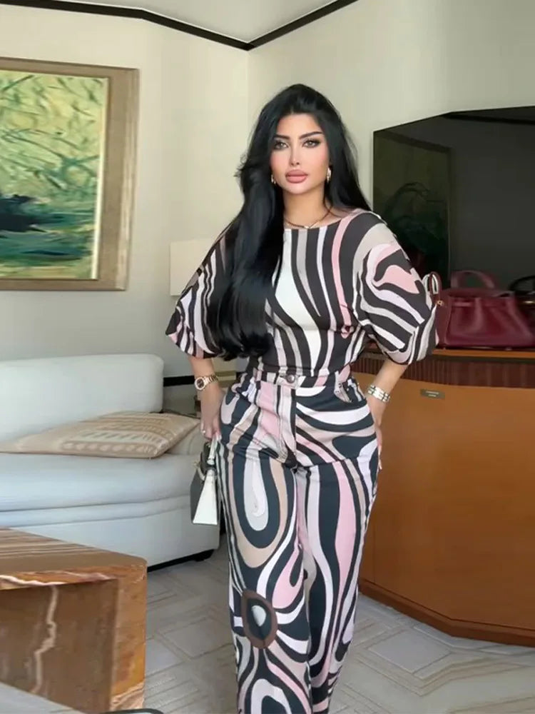 Geometric Print Top pant suits Women two pieces set round neck long sleeve Blouse loose pant Vacation Beach vacation pant outfit