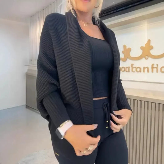 Elegant Women's Sets Pants Latest Batwing Sleeve Casual Cardigan Loose Coat Solid Open Front Style Jacket 2024 Autumn Winter