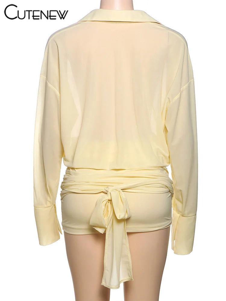 Cutenew Solid Classic Women Blouse Dress Sexy Thin See Through Full Sleeve Lapel Single Breasted Pleated Mini Vestido Streetwear