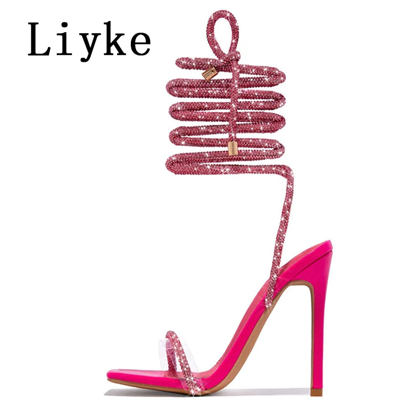 Crystal Glitter Rhinestone Ankle Strap Sandals for Women