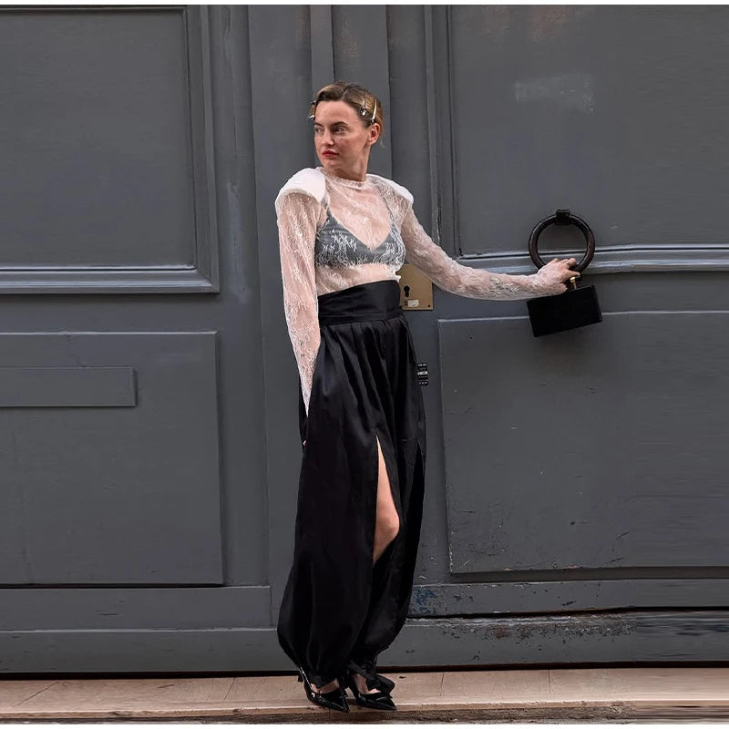 Sheer Lace Long Sleeve Blouse With Shoulder Pads for Women