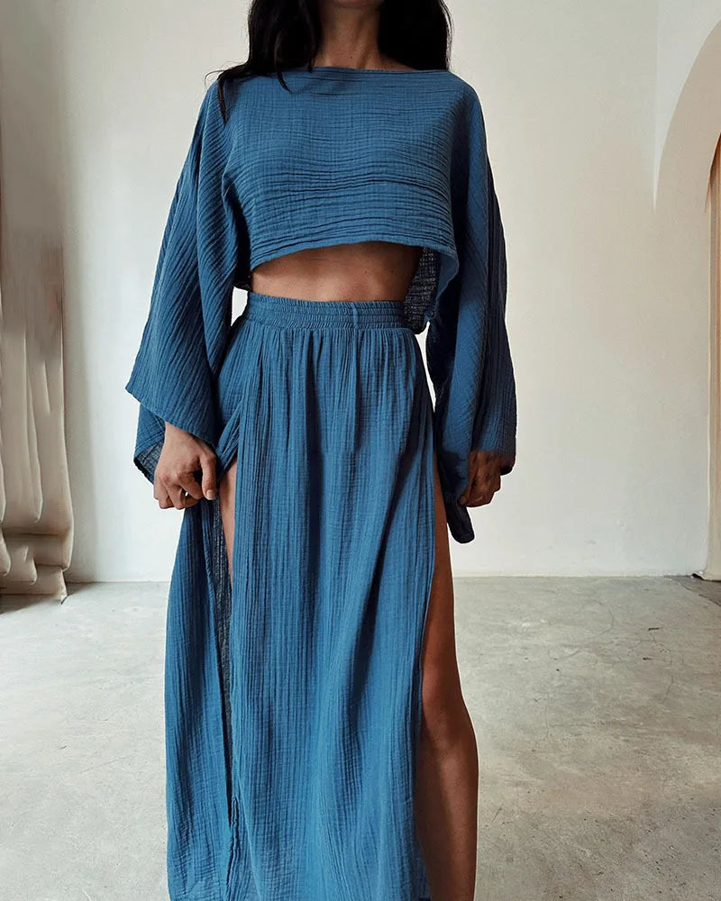Casual Cotton Linen Blend Two Piece Skirt Set for Women