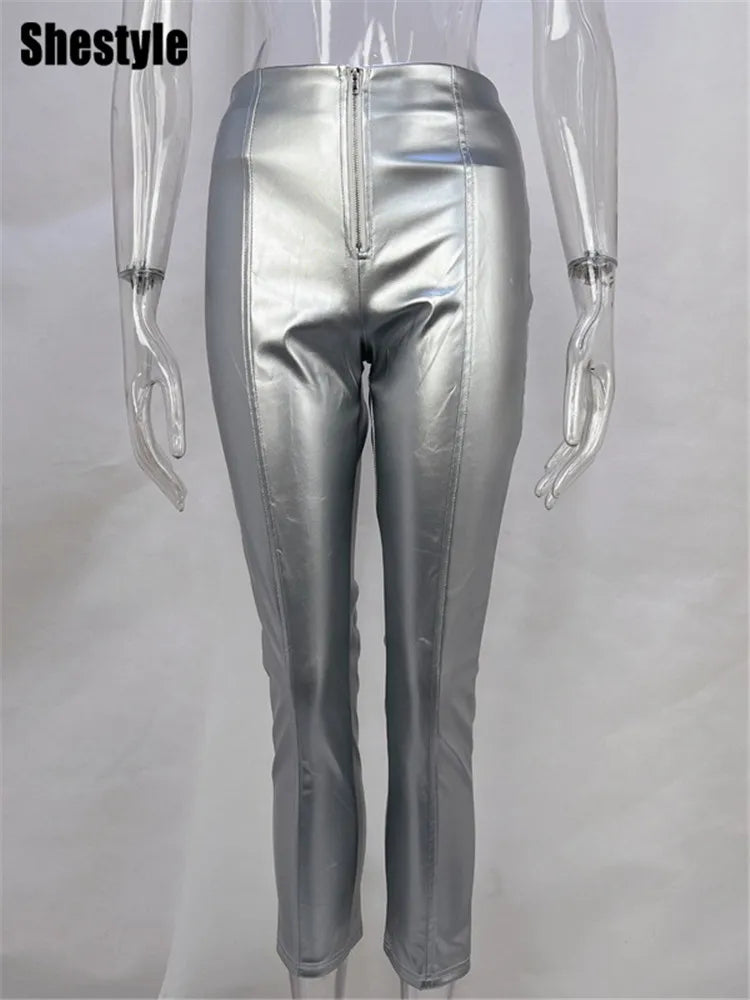 Elegant High Waist Faux Leather Slim Trousers for Women