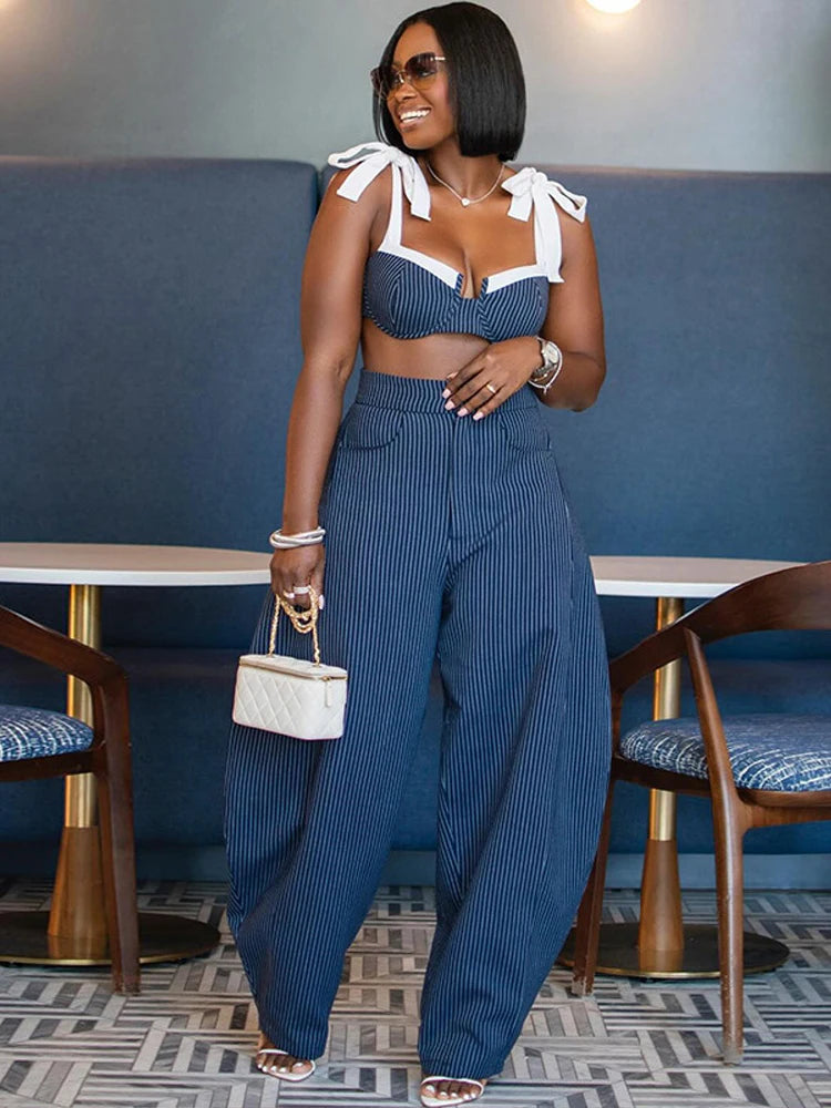 Striped Contrast Sleeveless Crop Top And Pants Set For Women