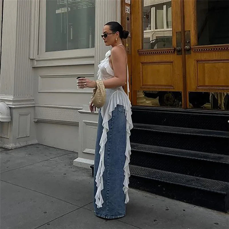 Y2K Sheer Mesh Spaghetti Strap Camisole Top White Ruffle Fringe Halter Tops Coquette Fairy Core Clothes 2024 Fashion