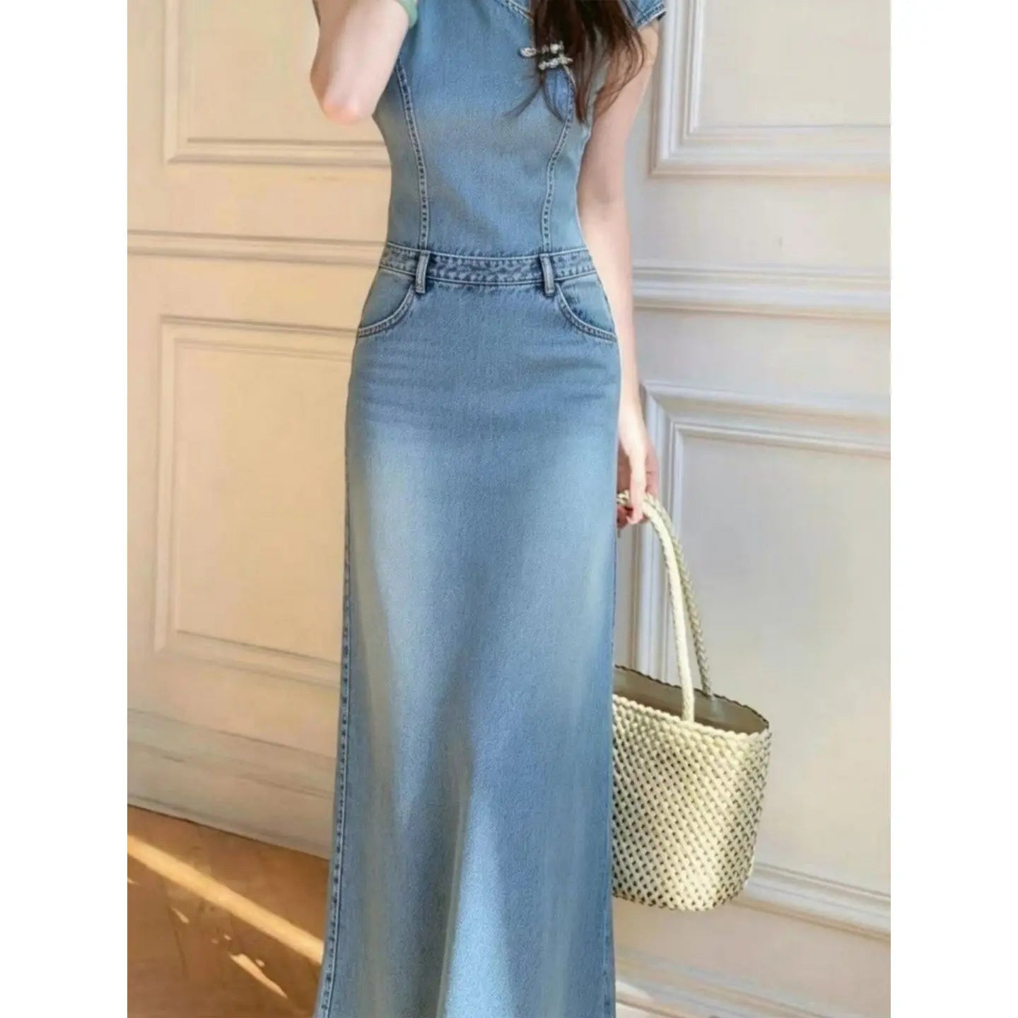ANJY Spring Summer New Women Chinese Style Washed Denim Cheongsam Dress Elegant Vintage Design Niche Stylish Long Dresses A25172