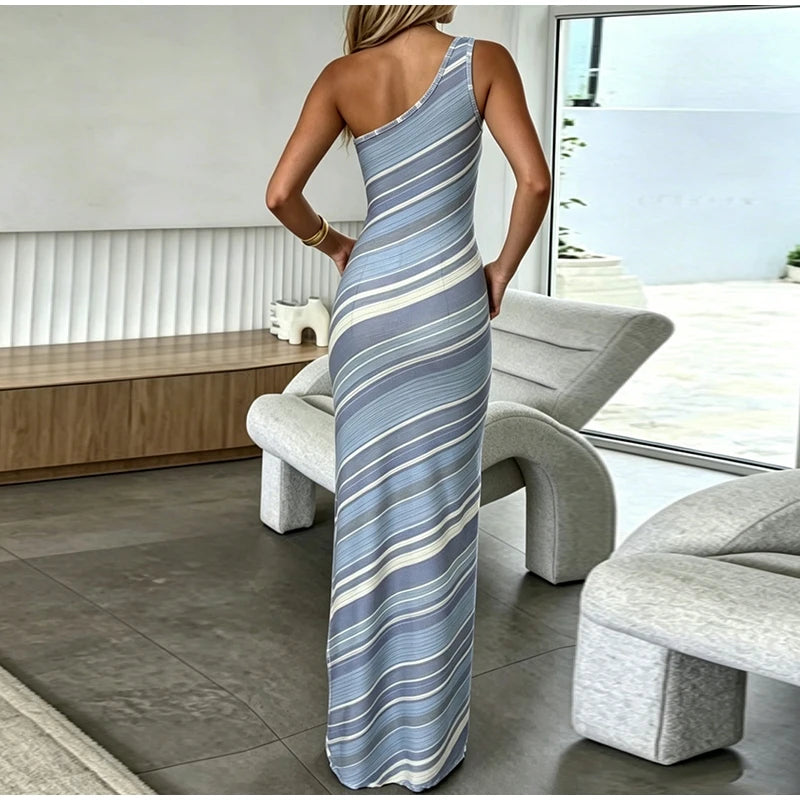 Elegant One Shoulder Printed Mid-Calf Dress for Women