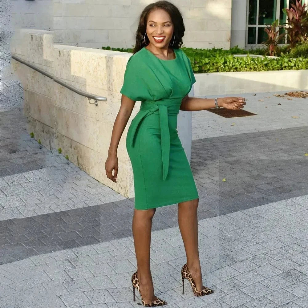 Women's Elegant Pencil Midi Dress Short Sleeve Party Cocktail Dresses with Belt