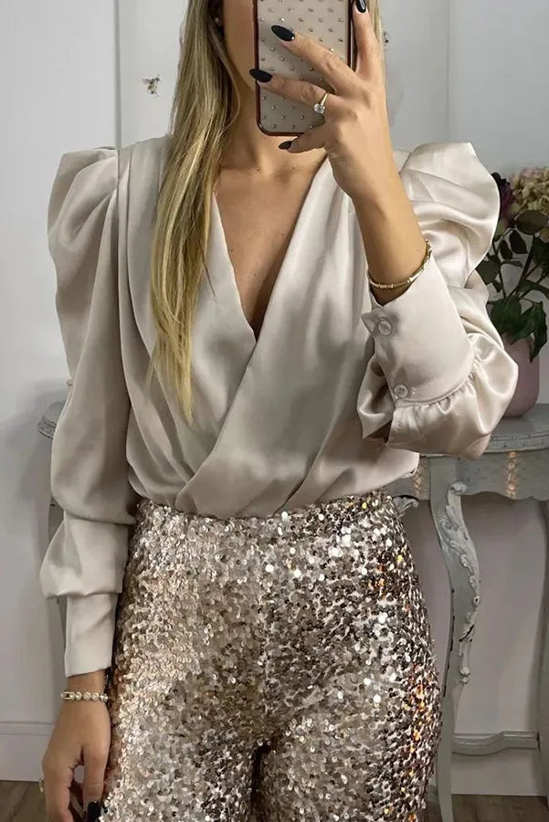 Spring Solid Color Commute Satin Shirt Pullover Fashion V-Neck Puff Long Sleeve Blouses Female Temperament Pleated Ruffled Tops