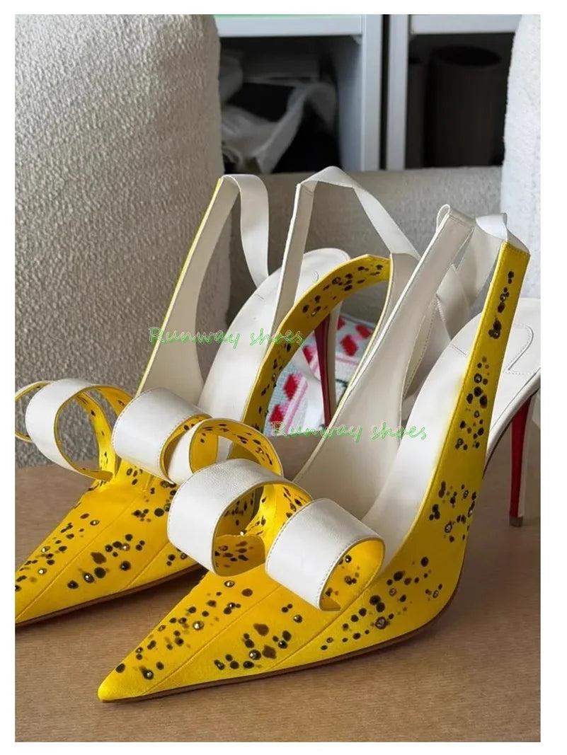 Bright Yellow Silk Pointed Stiletto Heels With Ankle Strap For Women