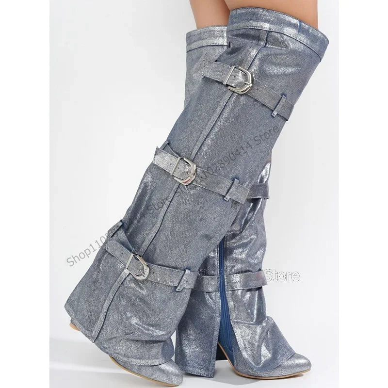 Black Pointed Toe Knee High Boots With Side Zipper For Women