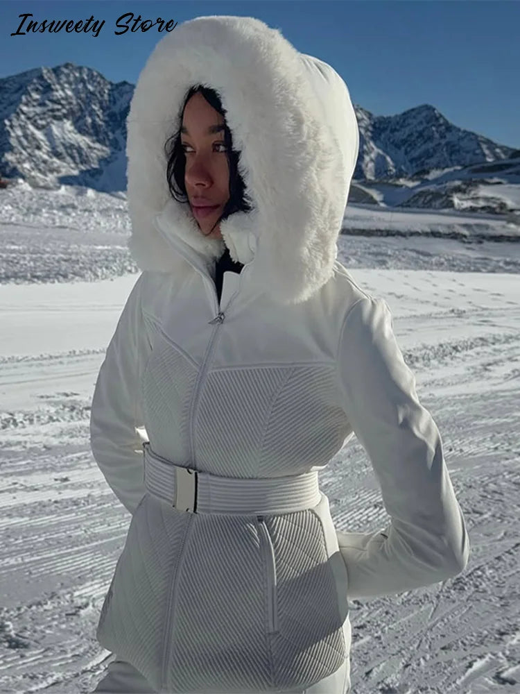 Warm Fur Trim Hooded Winter Ski Suit with Belt for Women