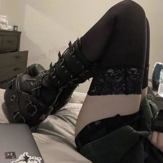 Black Wedges Heels Strappy Rivet Boots Platform Mid Calf Shoes for Women Round Toe Punk Style Shoes 2025 Zapatos Para Mujere