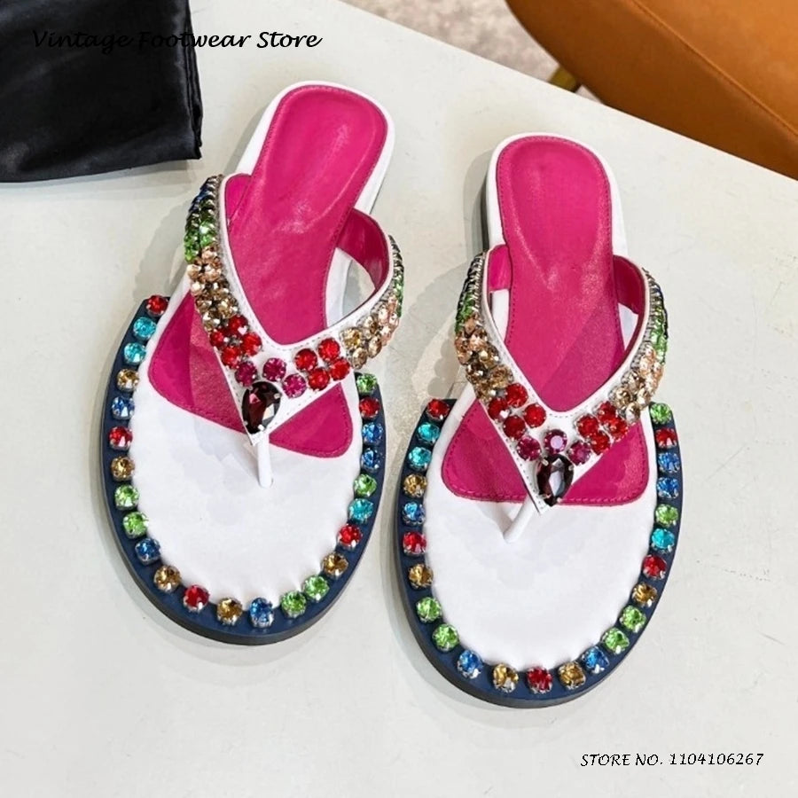 Colorful Crystal Embellished Flat Flip Flops for Women