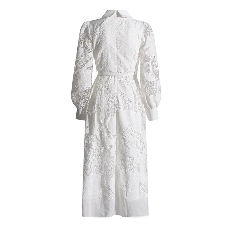 2026 New Spring Autumn Hollow Out Lantern Long Sleeve Women Dresses Elegant Embroidery Single-breasted A-line Casual Shirt Dress