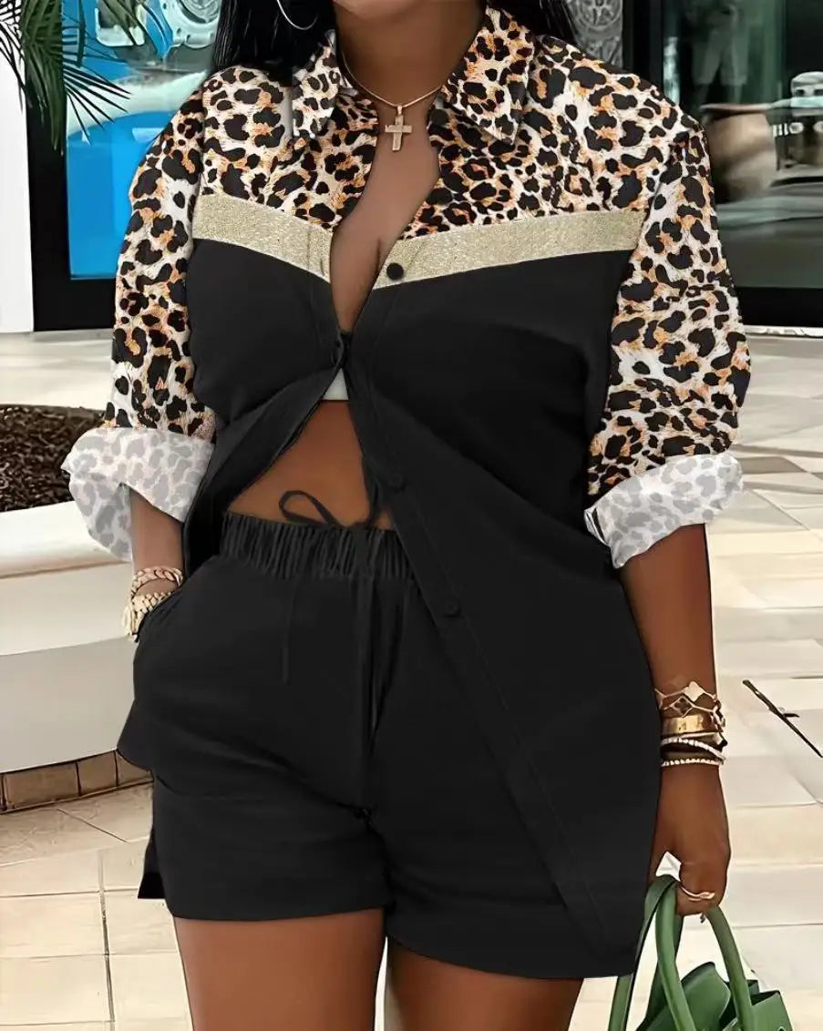 Casual Geometric Print Shirt Shorts Two Piece Set for Women