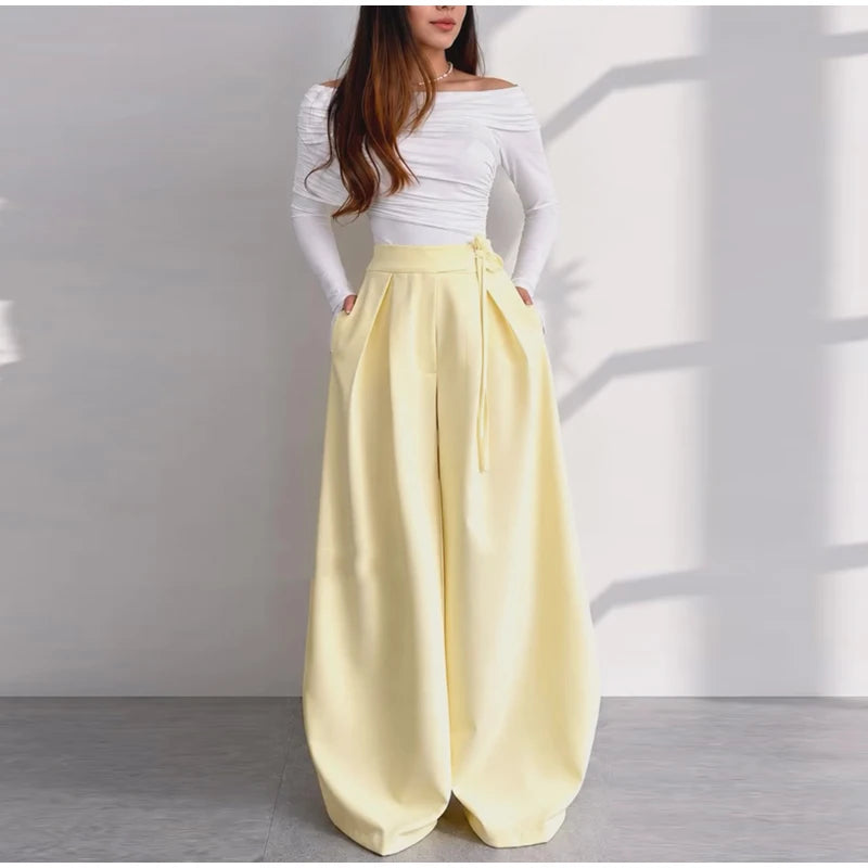 V-Neck Ruffle Coat and Wide Leg Pants Two-Piece Set for Women