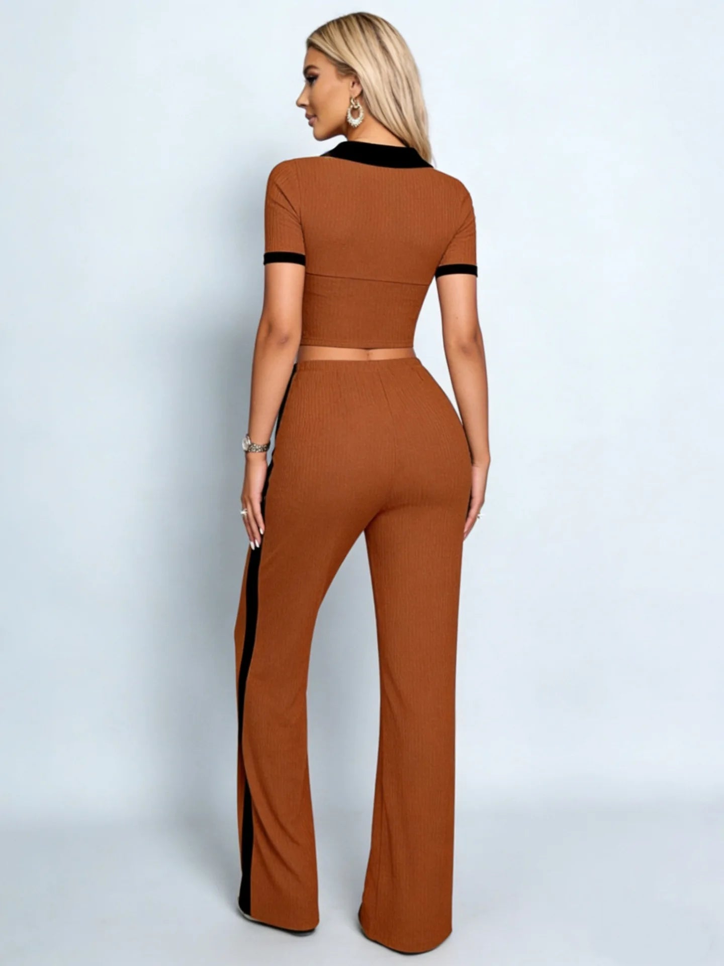 2026 Polo Neck Color Block Knitted Short Top High Waist Wide Leg Pants Set Two-Piece Set Striped Pattern Casual Wear