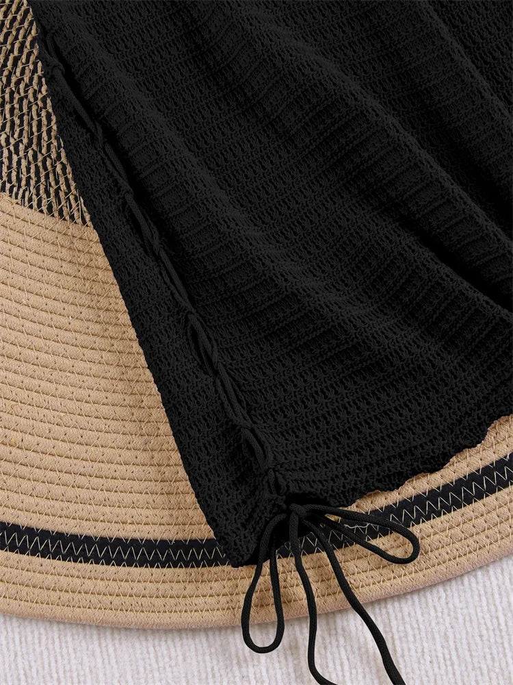 Solid Knit Halter V-neck Side Cross Straps Slim Beach Mini Dress 2025 Women Crochet Beach Swimsuit Cover Up Vacation Outfit K104