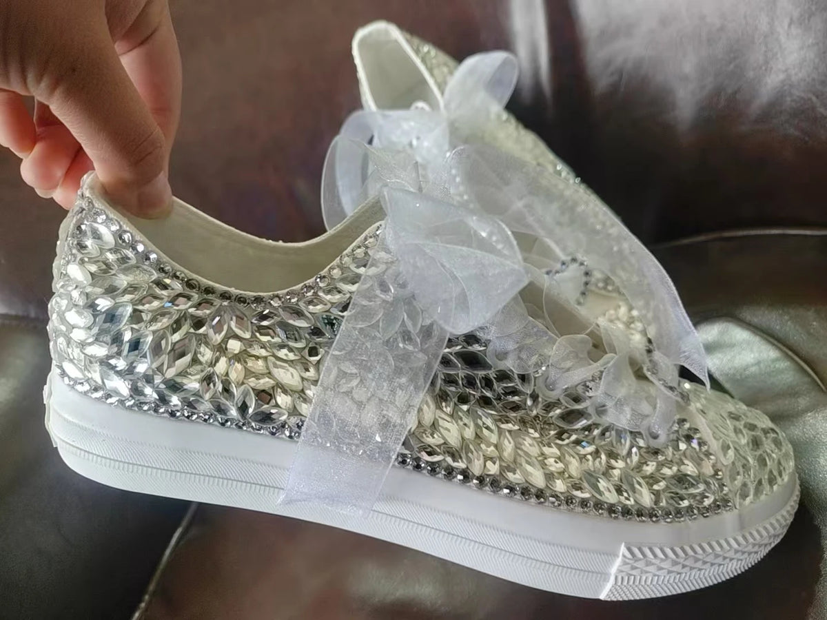 Sparkling Crystal Lace-Up Low Top Canvas Shoes for Women
