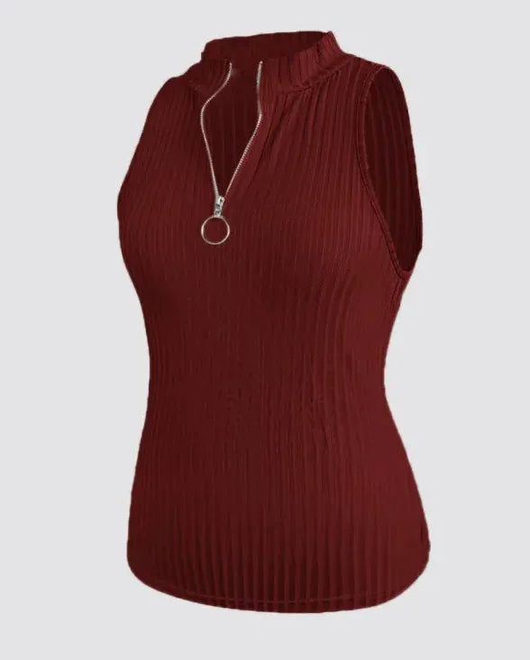 Ribbed Stretch Tank Top With Stand Collar and Zipper for Women