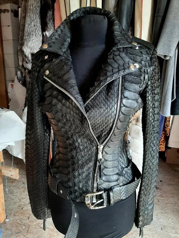 Black Faux Snakeskin PU Leather Zipper Jacket for Women