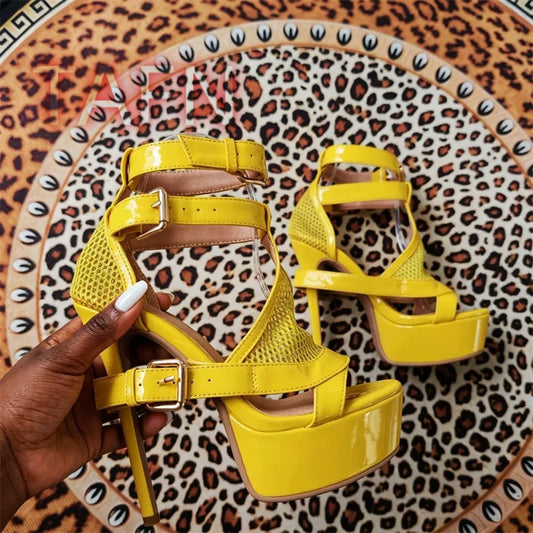Mesh Buckle Strap Stiletto Platform Sandals