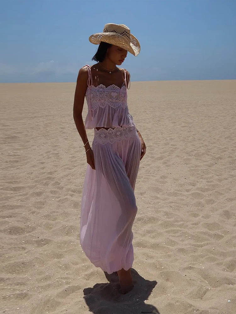Elegant Hollow Out Lace Two Piece Summer Outfit For Women