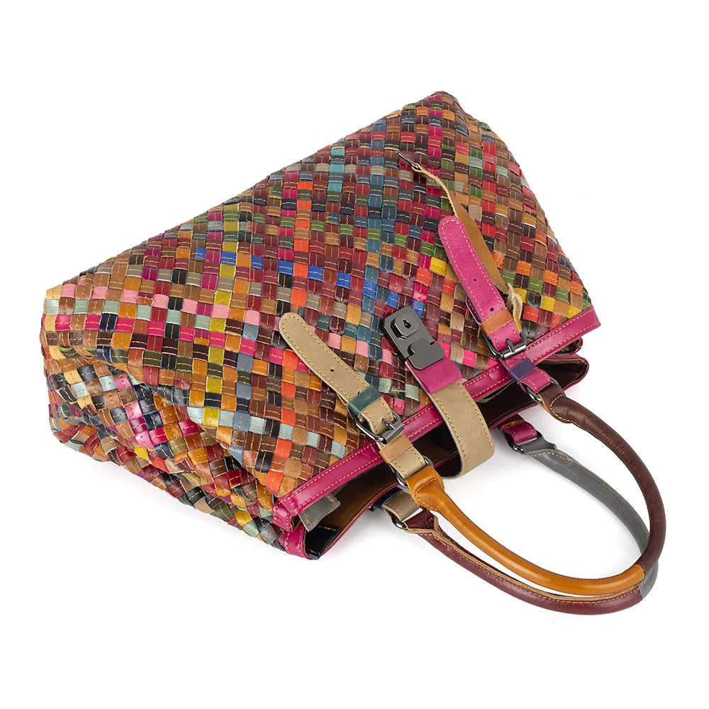 Woven tote bag, genuine leather, women's bag, cowhide, colorful retro casual buckle, women's hand-held multi-layer crossbody bag