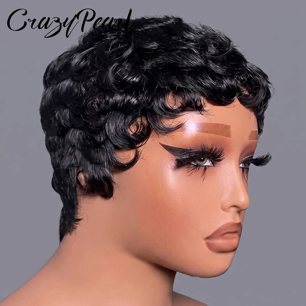 Glueless Short Curly Pixie Cut Human Hair Wig for Women