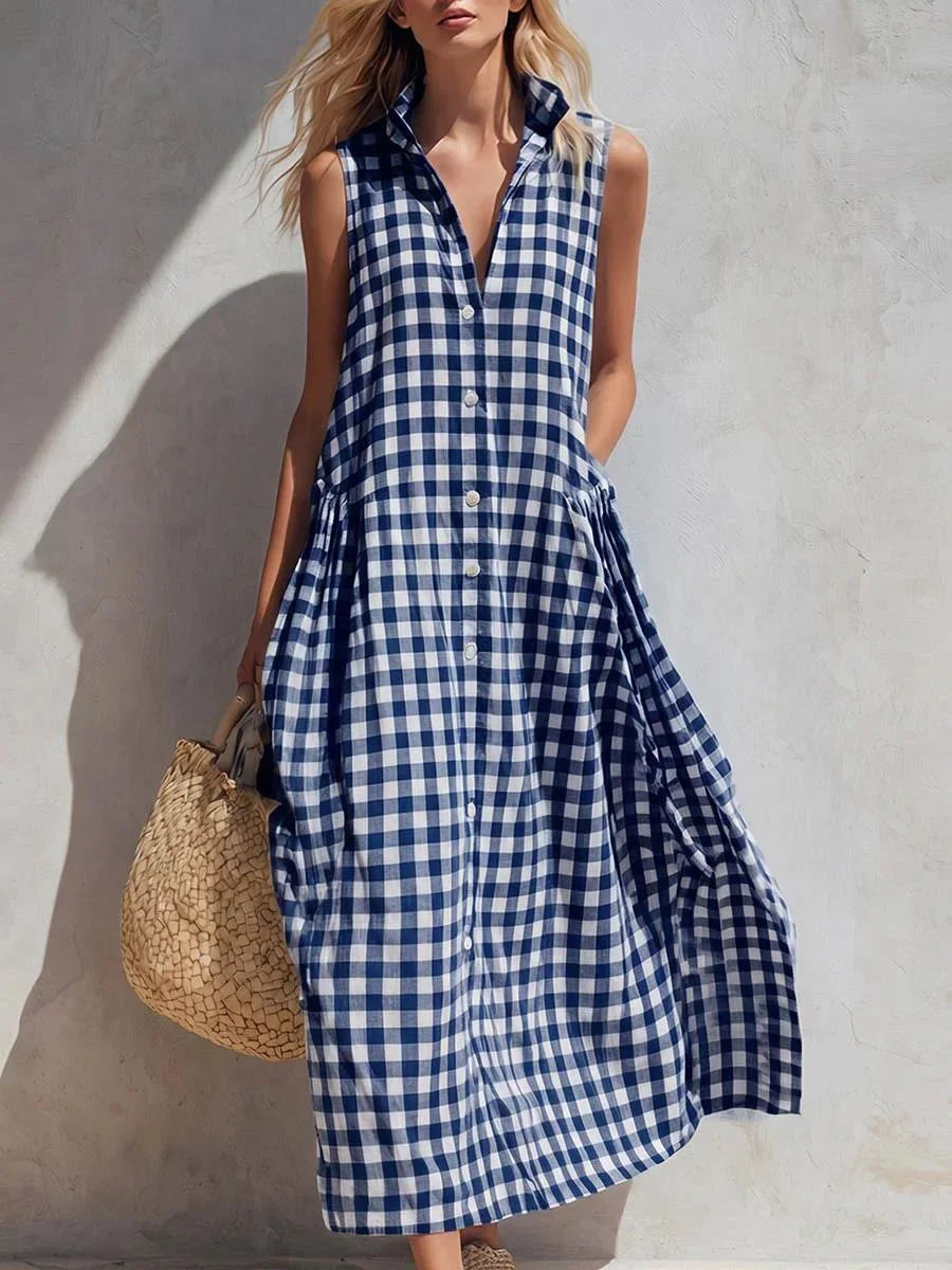 Loose Plaid Sleeveless Single Breasted Maxi Dress for Women