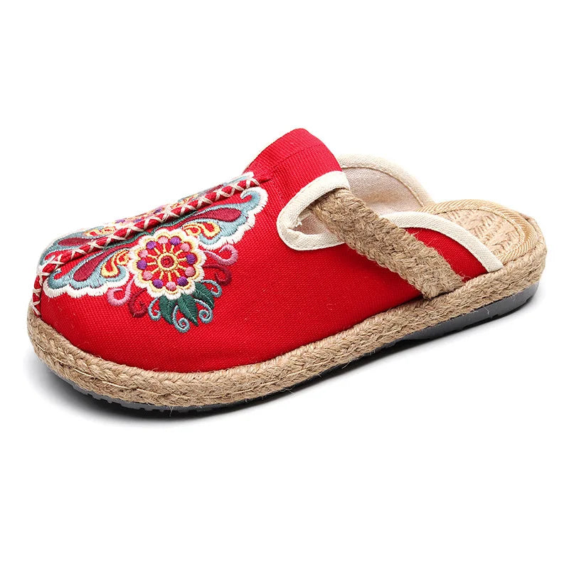 Embroidered Floral Retro Handmade Slides for Women