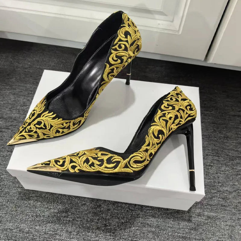 Design Women High Heel Metal Toe Embroidered High Heel Shoes Sexy Lady High Heel Gold Pointed Metal Toe Slingback Stilettos