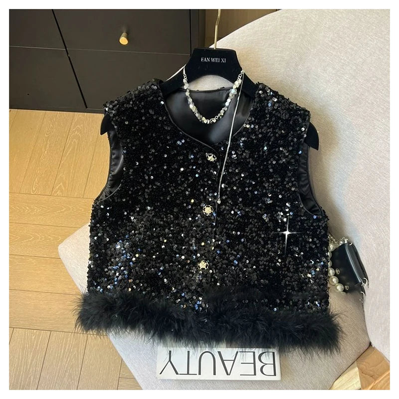 Elegant Retro Chinese Style Sequined Knit Vest for Women