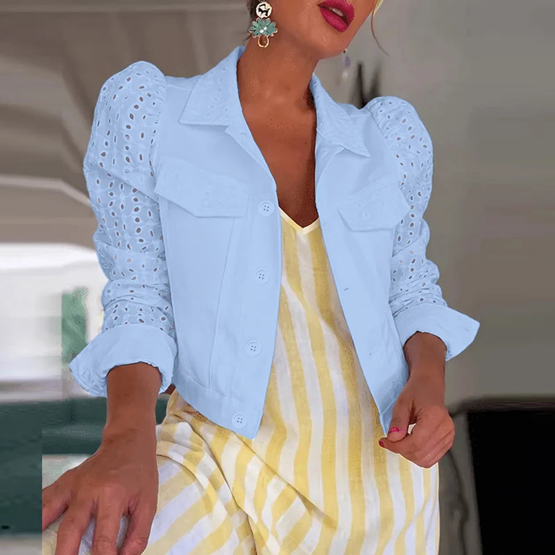 Elegant Lapel Bubble Sleeve Short Office Jacket for Women