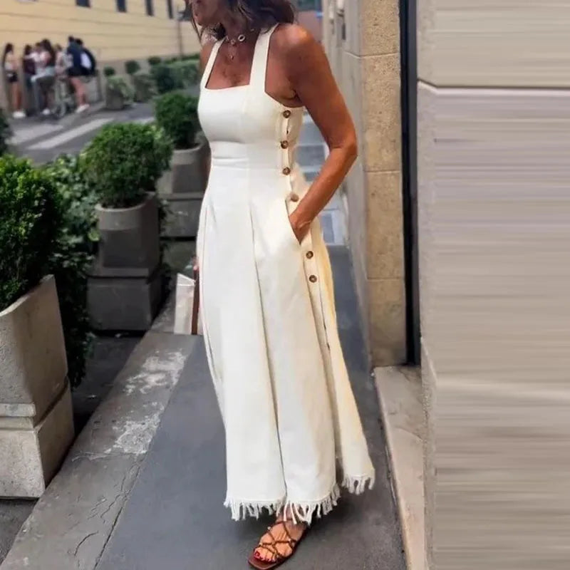 Fashion Square Collar Waist Slim Long Dress Women Casual Sleeveless Pocket Solid Party Dress Elegant Tassel Splicing Maxi Dress