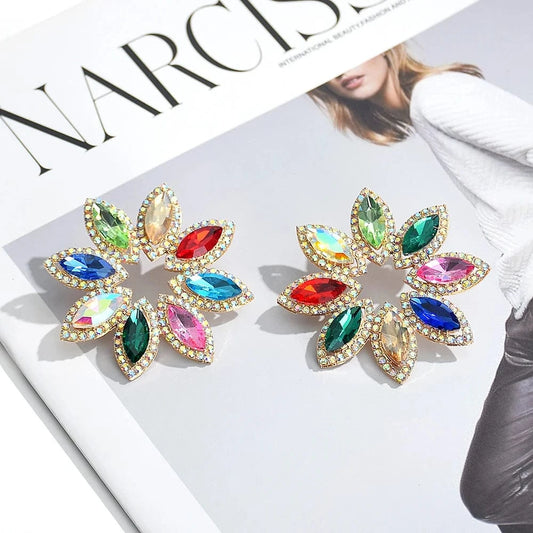 New Style Classical Flower Colorful Glass Stone Drop Earrings For Women Girls Crystal Accessories Statement Jewelry Wholesale