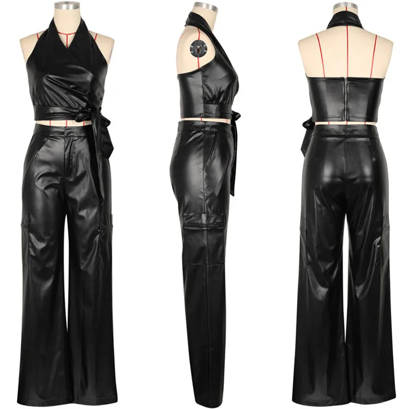 Elegant PU Faux Leather 2 Piece Sets Women Outfit Clubwear Party Halter Backless Crop Top and Wide Leg Pants Matching Sets Y2K