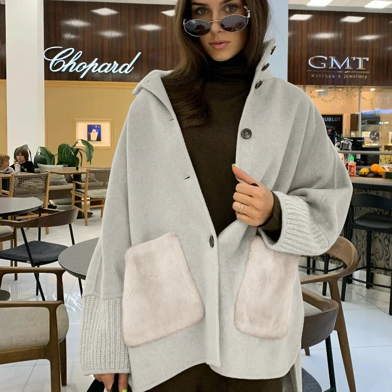 Loose Knit Fur Standup Collar Long Sleeve Pocket Cardigan for Women